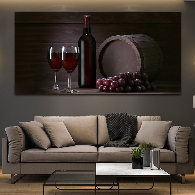2 glasses of red wine a bottle grapes and a barrel split canvas prints