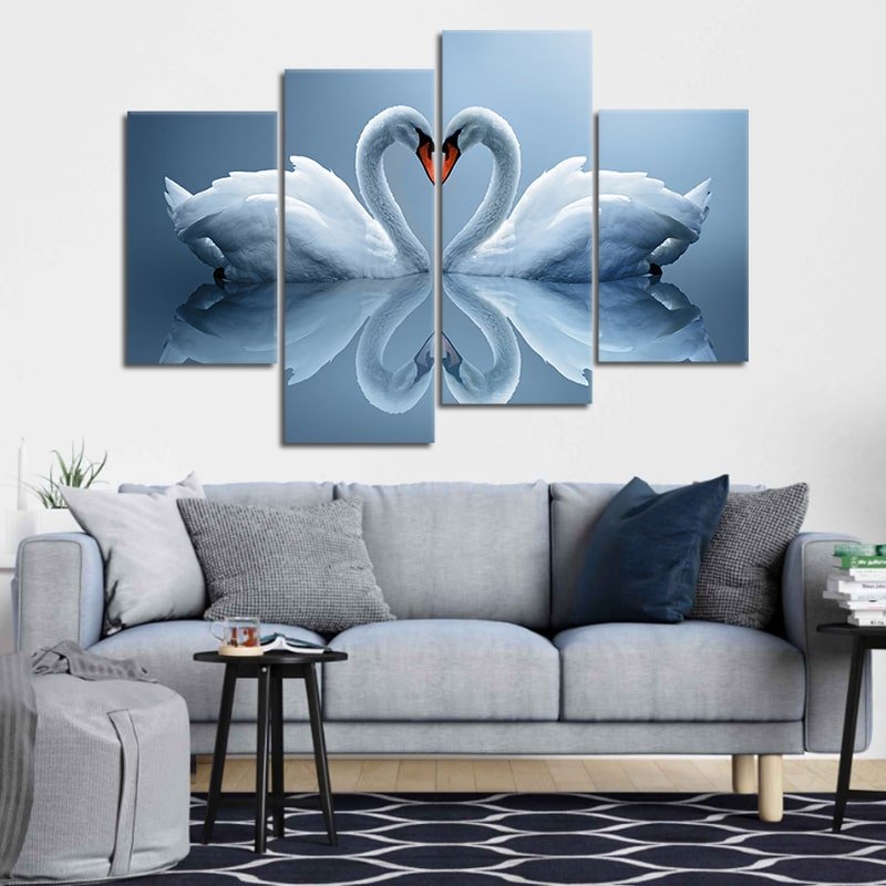 Two Swans Make Up A Heart Reflected On Water 5 piece canvas set