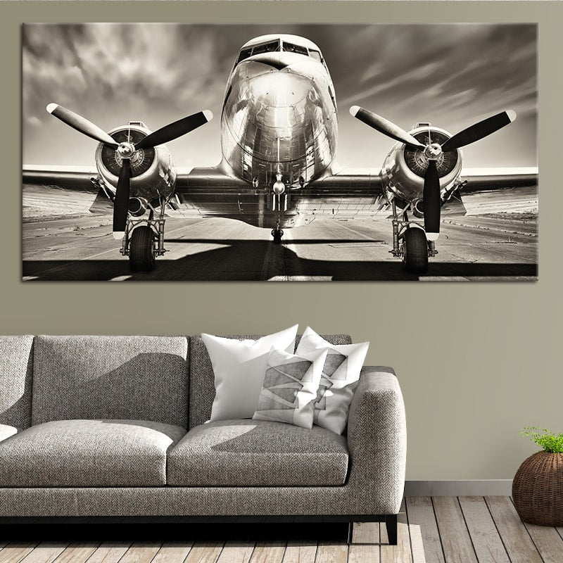 Aviation wall art featuring a vintage propeller airplane in sepia on canvas.- stunning canvas prints