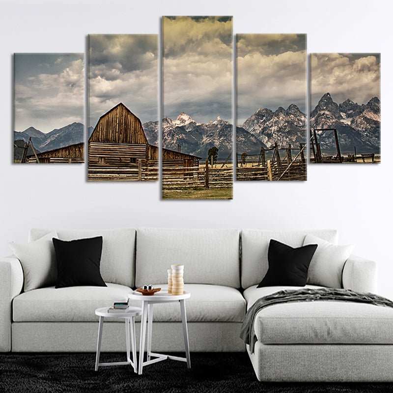 Vintage barn canvas print with a mountain landscape for bedroom
