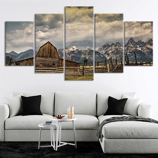 Vintage barn canvas print with a mountain landscape for bedroom