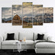 Vintage barn canvas print with a mountain landscape for bedroom