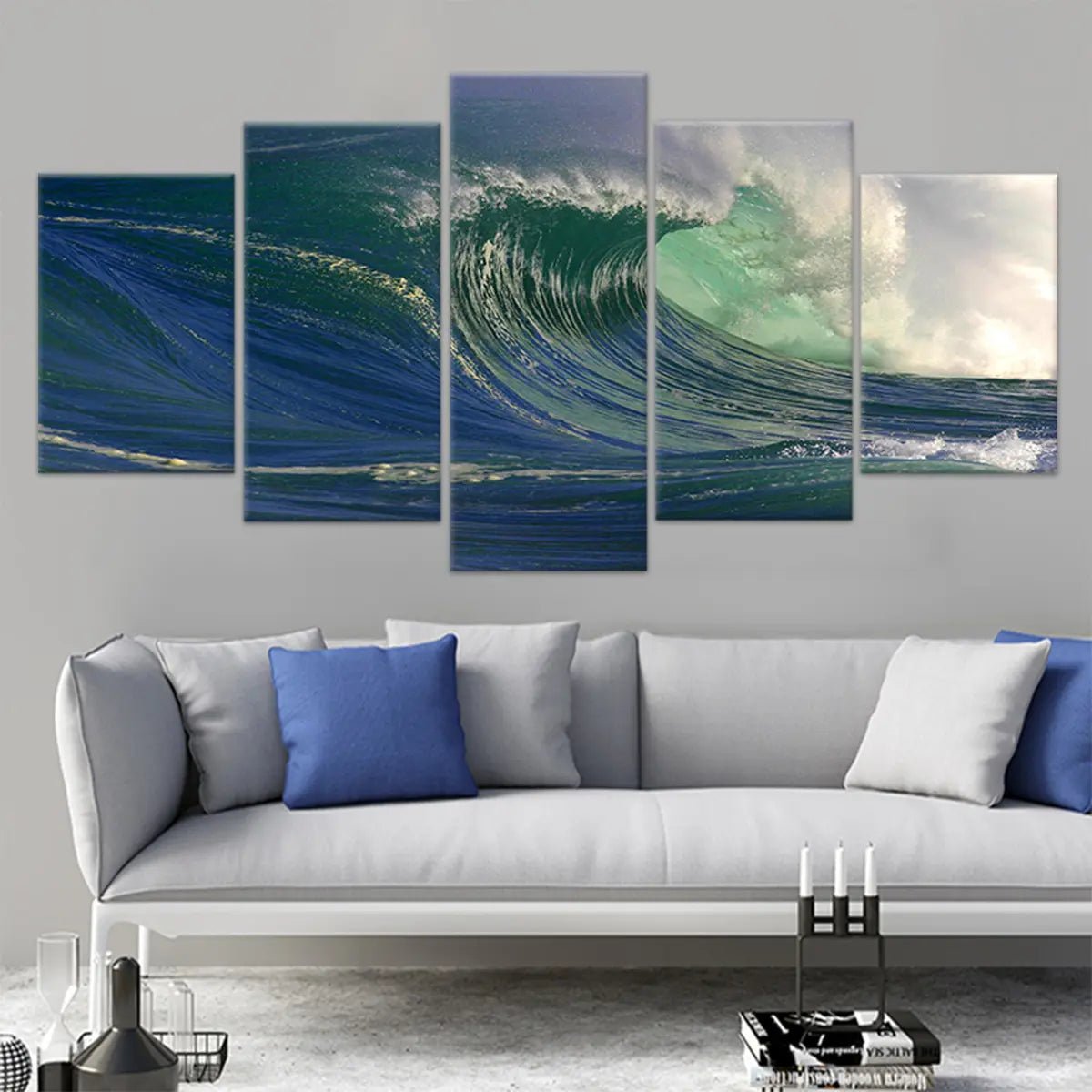 Large ocean artwork showcasing a dynamic, curling wave.