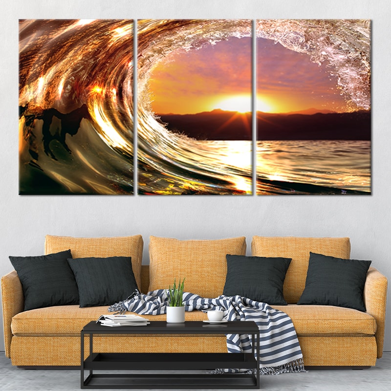 Sunset Ocean Canvas, Wave Photography Print, Coastal Wall Art, Beach Sunset Painting, Ocean Horizon Decor, Large Ocean Wave Art, Beach House Canvas