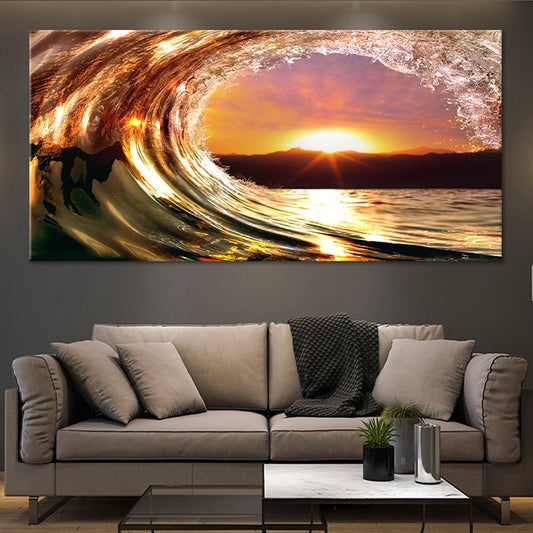 Ocean Wave Wall Art, Canvas Sunset, Beach Wall Decor, Coastal Canvas Print, Ocean Sunset Painting, Large Seascape Art, Nautical Wall Art, Tropical Ocean Scene